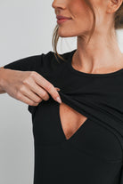 Black Ribbed Short Sleeve Maternity Nursing Top with Lift Up Panel Nursing Opening Close Up