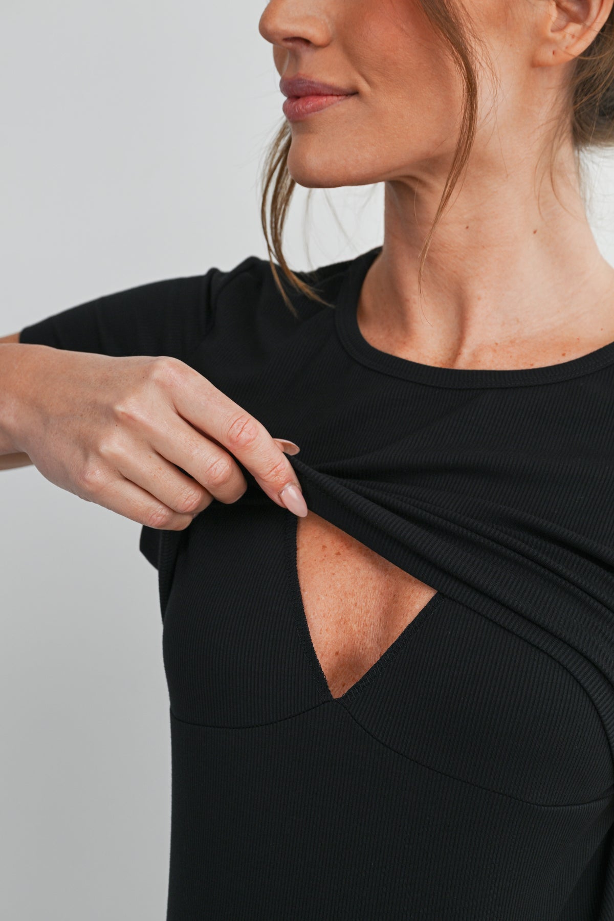 Black Ribbed Short Sleeve Maternity Nursing Top with Lift Up Panel Nursing Opening Close Up