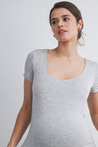 Heather Grey Casual Fitted Scoop Neck Short Sleeve Maternity T-Shirt Neckline Close Up