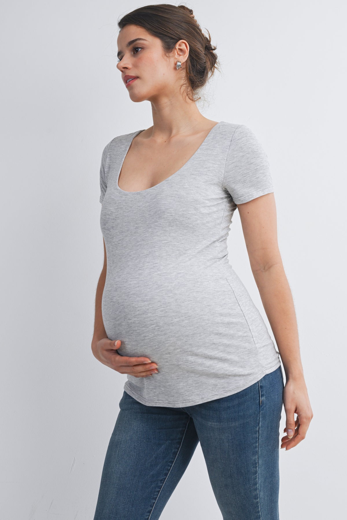 Heather Grey Casual Fitted Scoop Neck Short Sleeve Maternity T-Shirt Side View