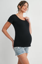 Black Casual Fitted Scoop Neck Short Sleeve Maternity T-Shirt Side View