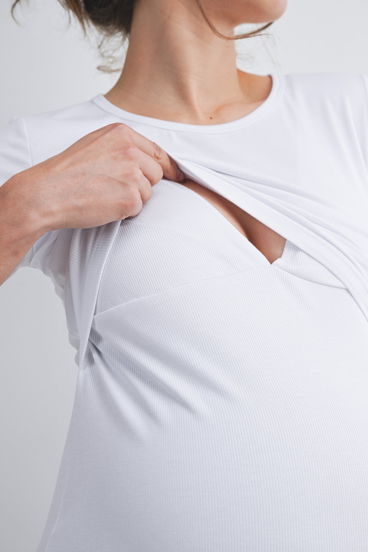 White Ribbed Short Sleeve Maternity Nursing Top with Lift Up Panel Nursing Access Close Up