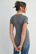 Olive Ribbed Short Sleeve Maternity Nursing Top with Lift Up Panel Back View