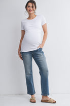 White Ribbed Short Sleeve Maternity Nursing Top with Lift Up Panel Full Body View