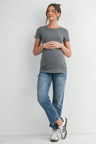 Olive Ribbed Short Sleeve Maternity Nursing Top with Lift Up Panel Full Body