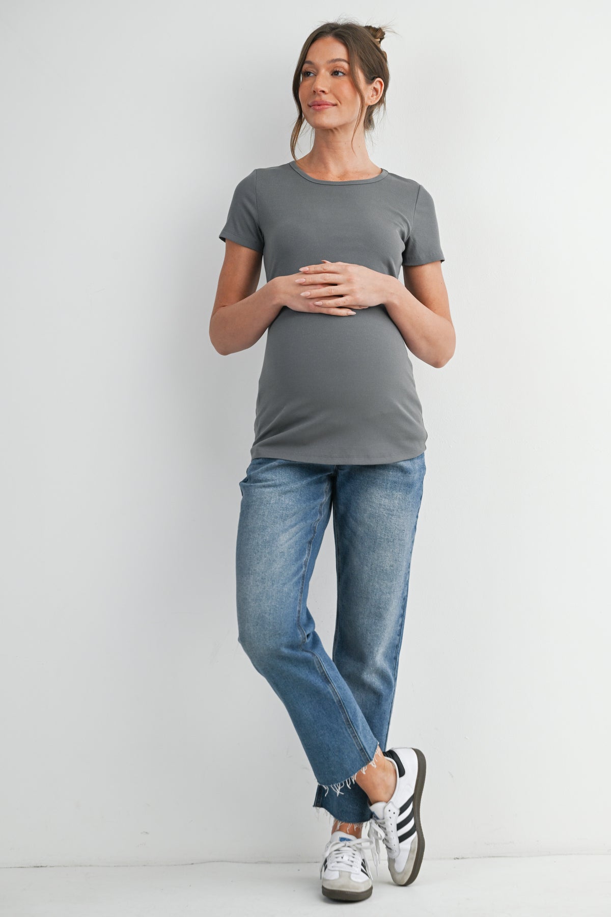 Olive Ribbed Short Sleeve Maternity Nursing Top with Lift Up Panel Full Body