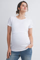 White Ribbed Short Sleeve Maternity Nursing Top with Lift Up Panel Front View