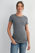 Olive Ribbed Short Sleeve Maternity Nursing Top with Lift Up Panel Front View