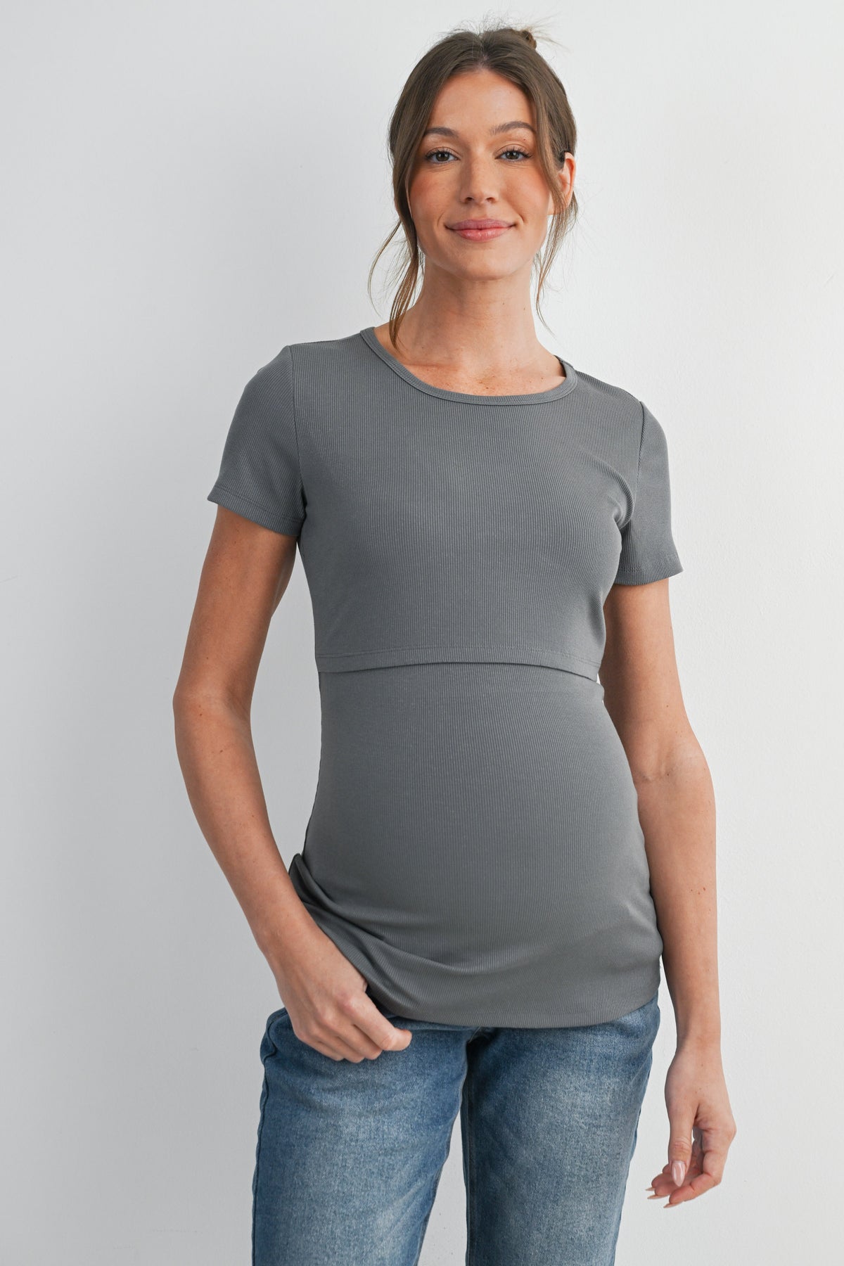 Olive Ribbed Short Sleeve Maternity Nursing Top with Lift Up Panel Front View
