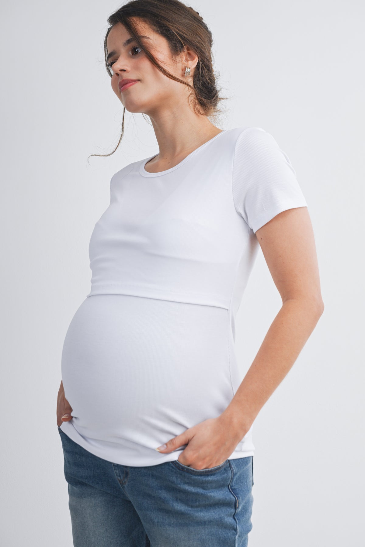 White Ribbed Short Sleeve Maternity Nursing Top with Lift Up Panel Side View