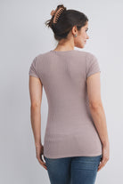 Taupe Ribbed Short Sleeve Soft V Neckline Maternity Top Back View