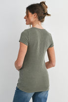 Olive Ribbed Short Sleeve Soft V Neckline Maternity Top Back View