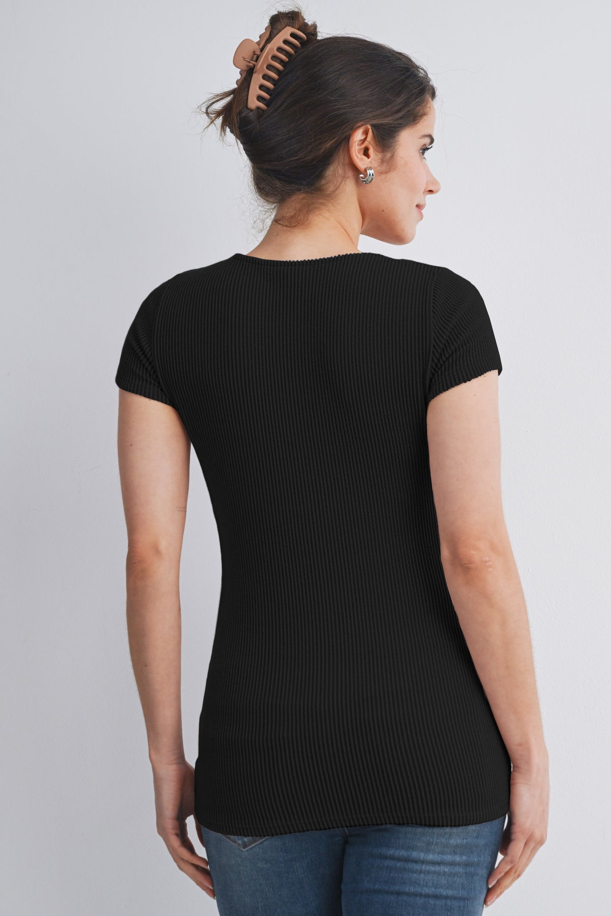 Black Ribbed Short Sleeve Soft V Neckline Maternity Top Back View
