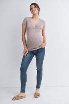 Taupe Ribbed Short Sleeve Soft V Neckline Maternity Top Full Body View
