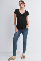 Black Ribbed Short Sleeve Soft V Neckline Maternity Top Full Body View