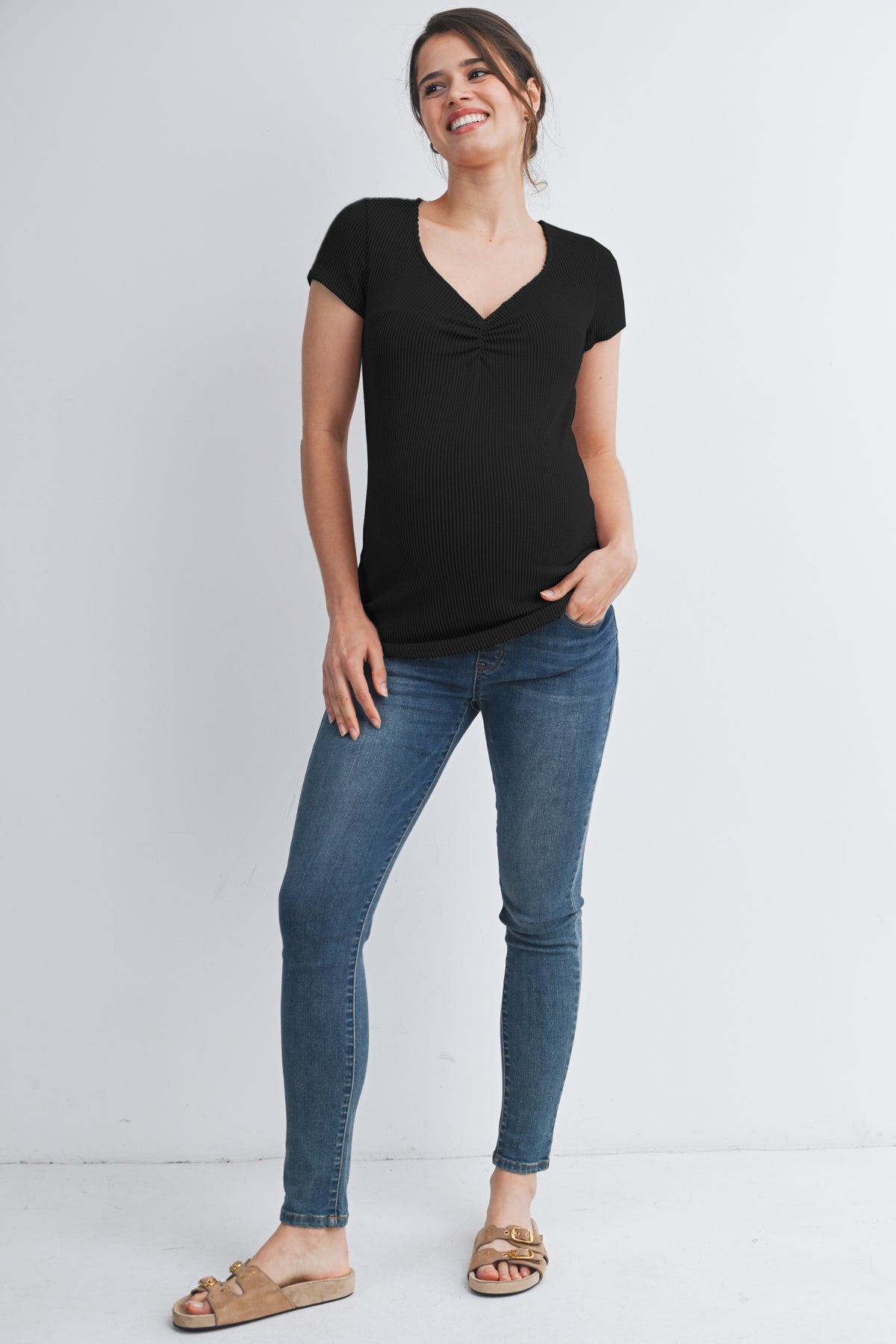 Black Ribbed Short Sleeve Soft V Neckline Maternity Top Full Body View