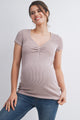 Taupe Ribbed Short Sleeve Soft V Neckline Maternity Top Front View