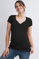 Black Ribbed Short Sleeve Soft V Neckline Maternity Top Front View
