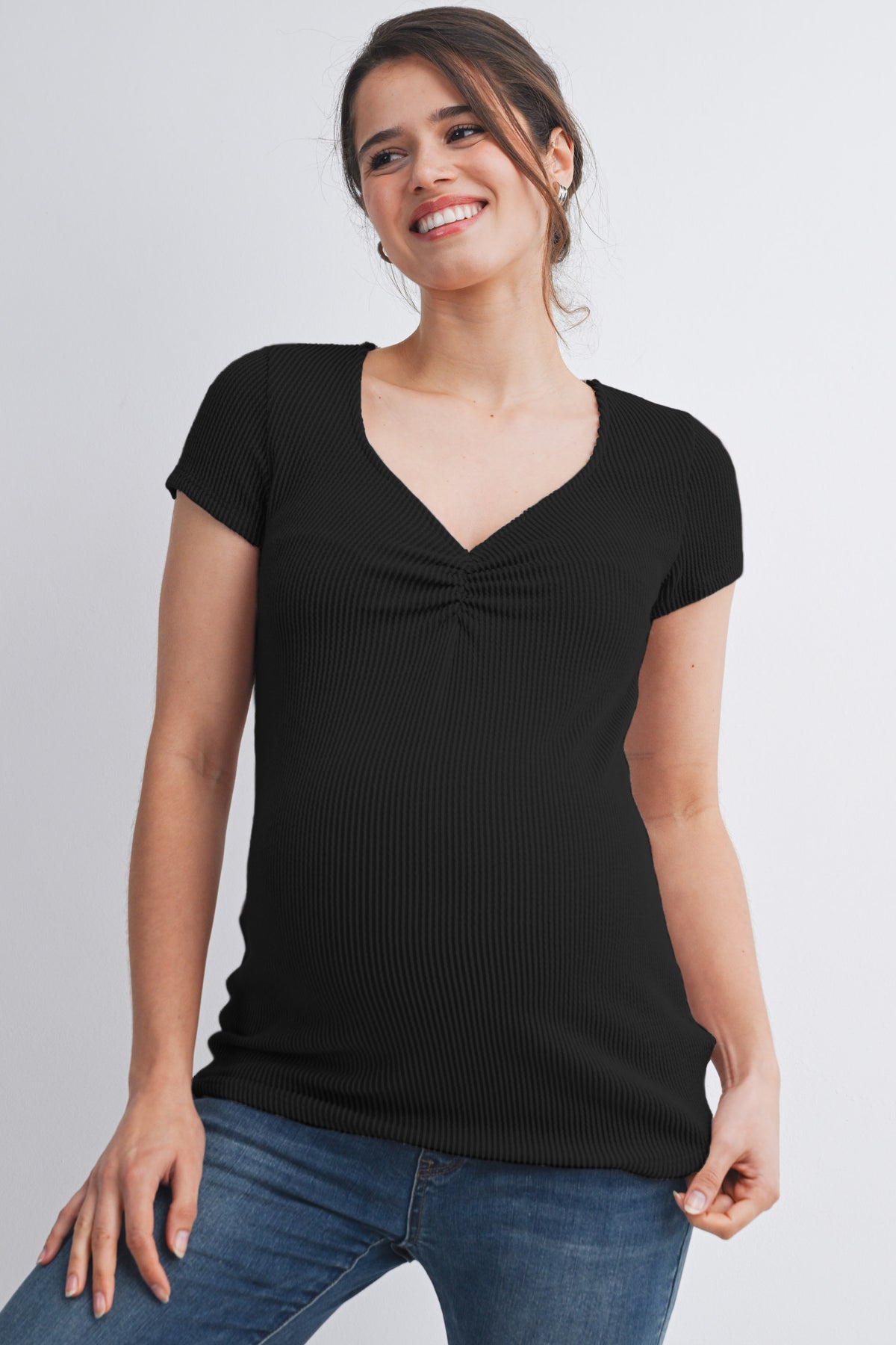 Black Ribbed Short Sleeve Soft V Neckline Maternity Top Front View