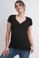 Black Ribbed Short Sleeve Soft V Neckline Maternity Top Front View