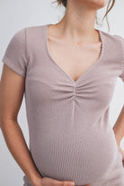 Taupe Ribbed Short Sleeve Soft V Neckline Maternity Top Neckline Close Up