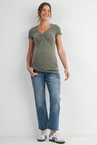 Olive Ribbed Short Sleeve Soft V Neckline Maternity Top Full Body
