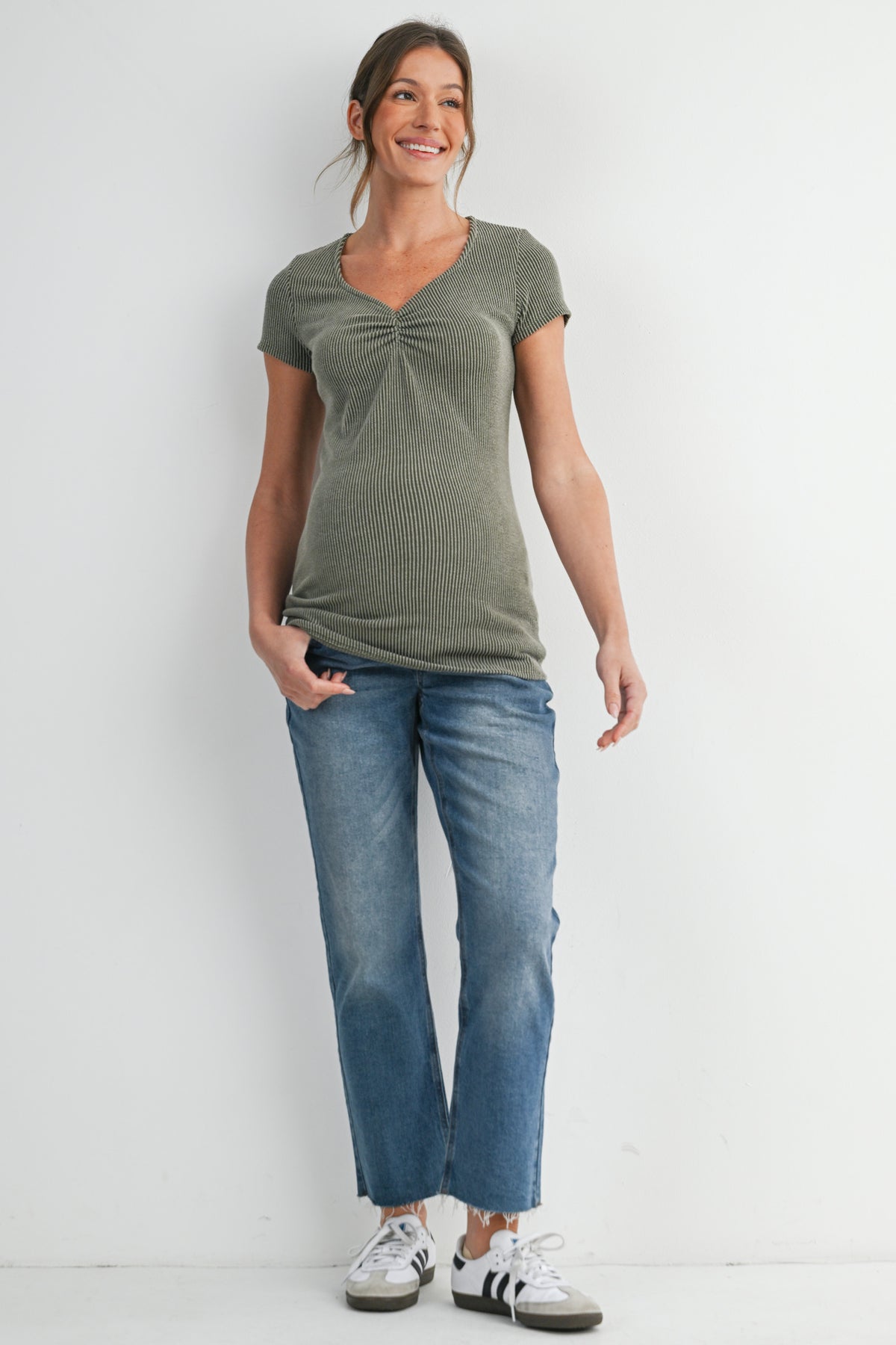Olive Ribbed Short Sleeve Soft V Neckline Maternity Top Full Body