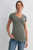 Olive Ribbed Short Sleeve Soft V Neckline Maternity Top Front View