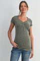Olive Ribbed Short Sleeve Soft V Neckline Maternity Top Front View
