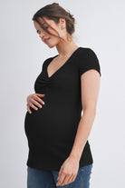 Black Ribbed Short Sleeve Soft V Neckline Maternity Top Side View