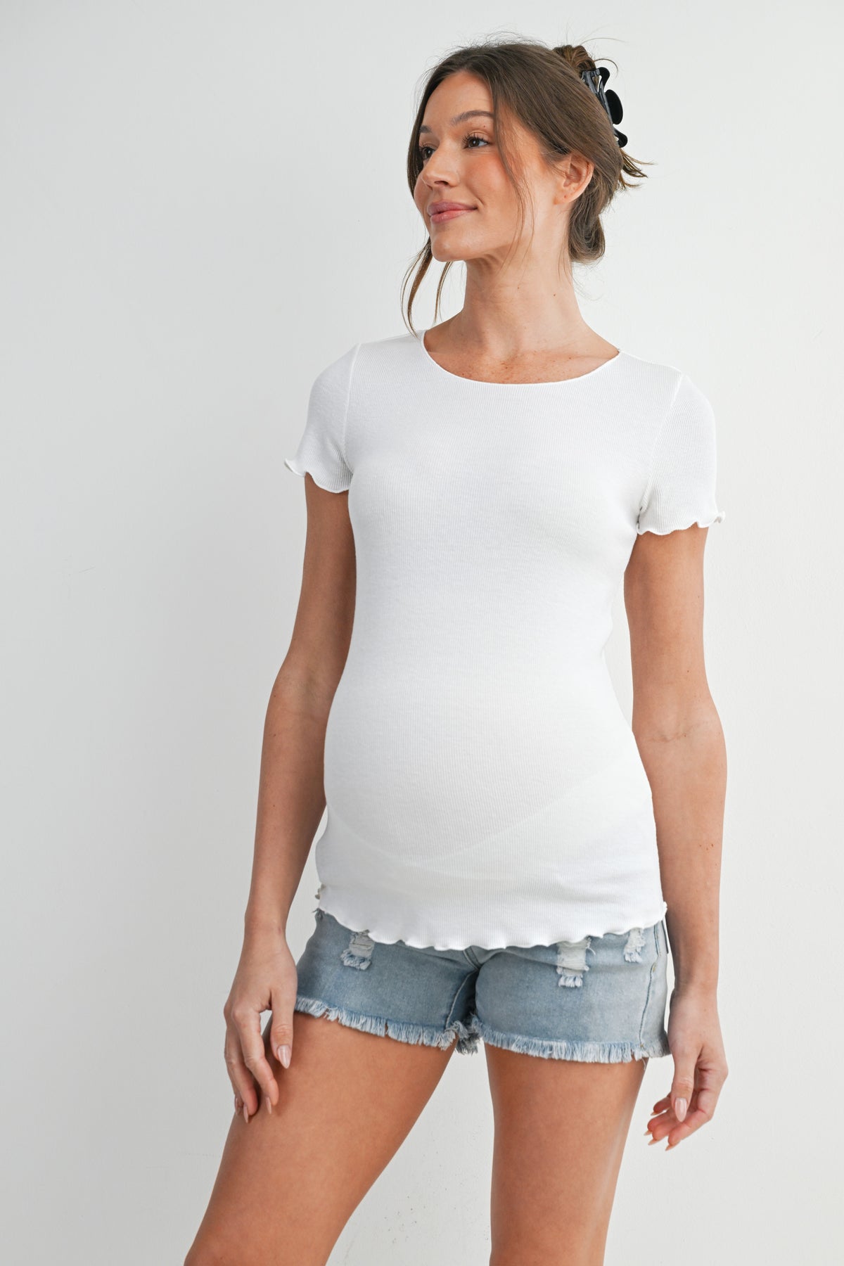 White Casual Ribbed Scoop Neck Short Sleeve Maternity Top Front View