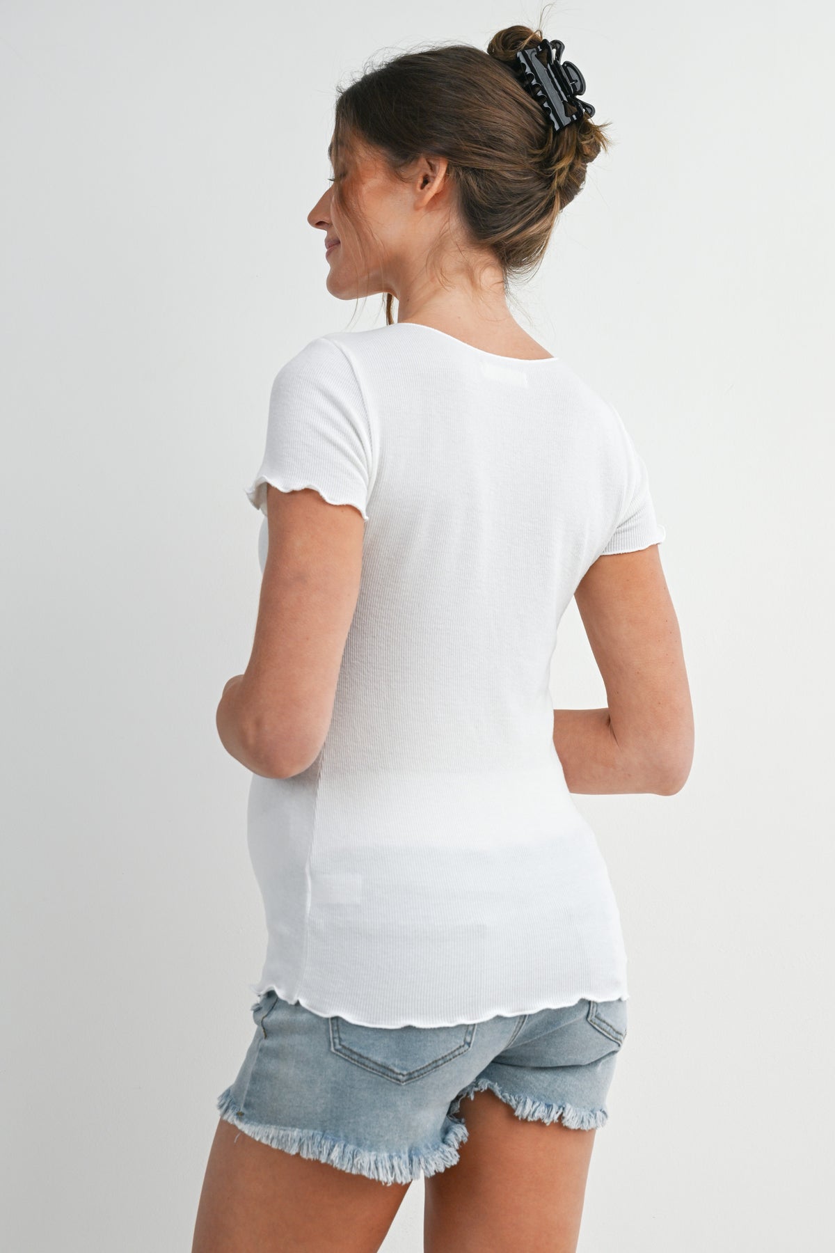 White Casual Ribbed Scoop Neck Short Sleeve Maternity Top Back View