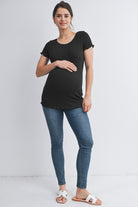 Black Casual Ribbed Scoop Neck Short Sleeve Maternity Top Full Body View