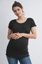 Black Casual Ribbed Scoop Neck Short Sleeve Maternity Top Front View
