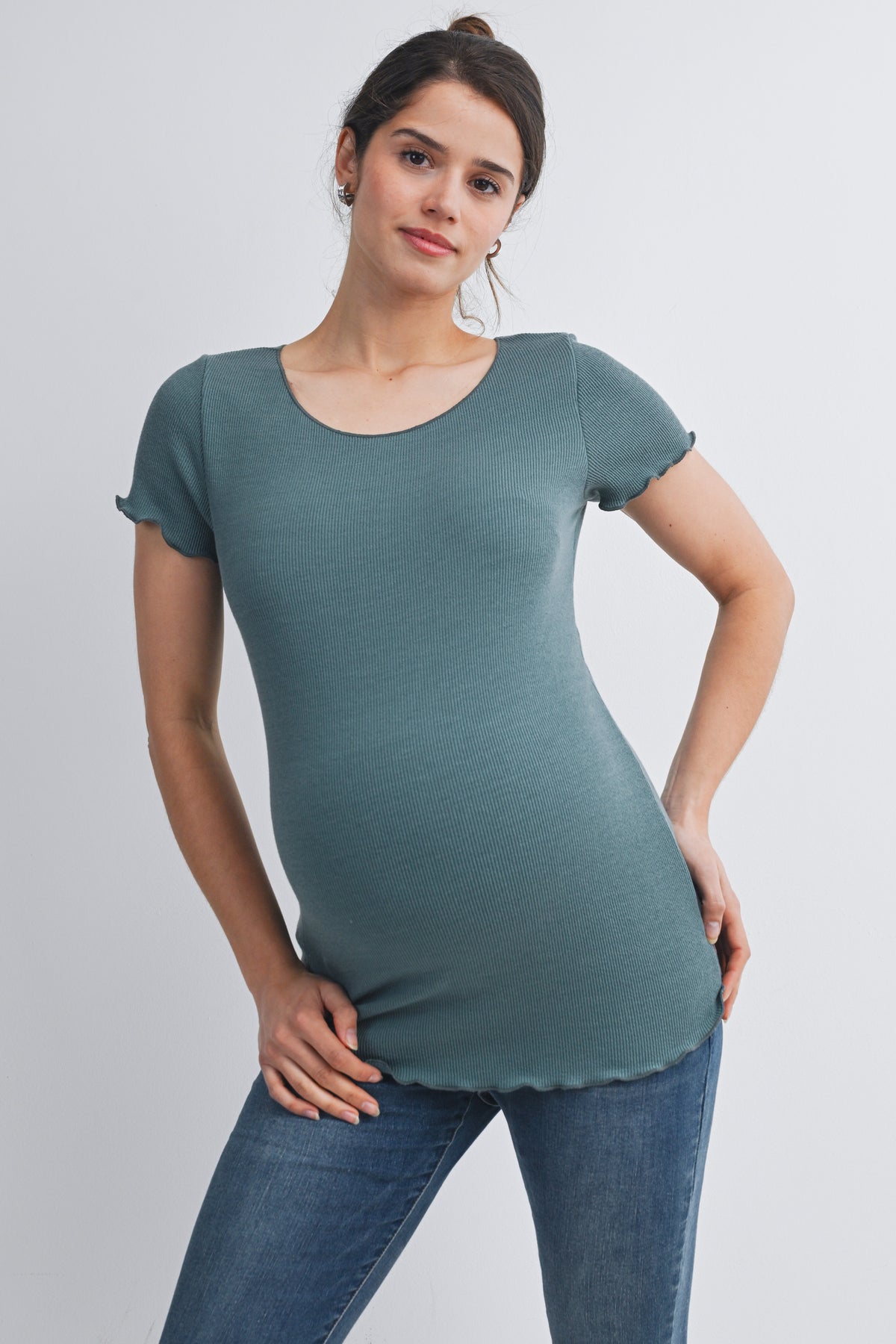 Jade Casual Ribbed Scoop Neck Short Sleeve Maternity Top Front View