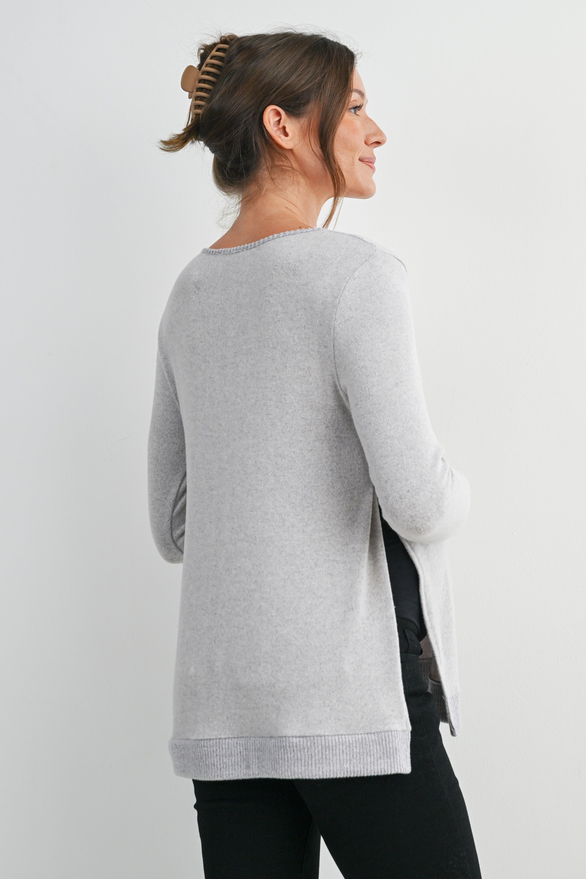 Heather Grey Long Sleeve Scoop Neck Maternity Sweater Knit Top Back View