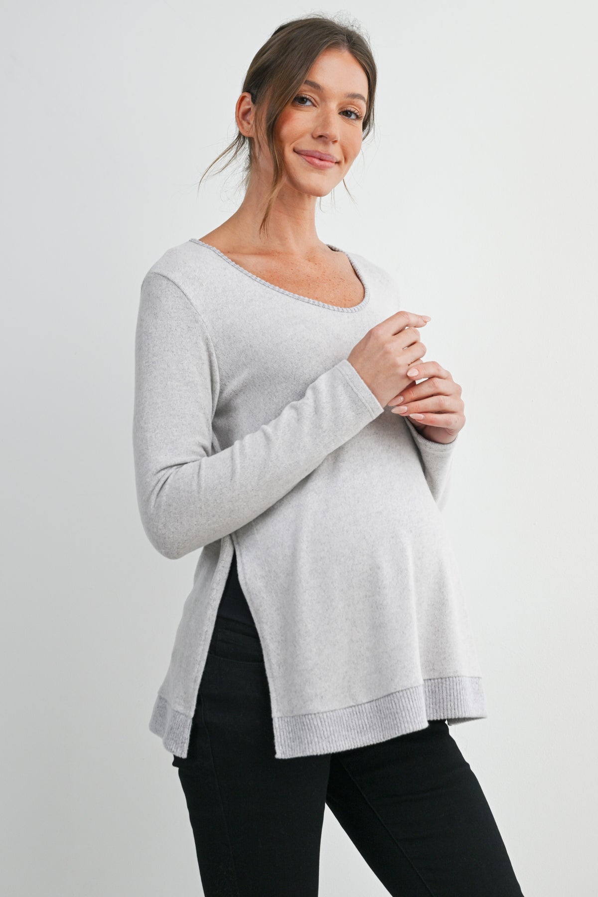 Heather Grey Long Sleeve Scoop Neck Maternity Sweater Knit Top Side View