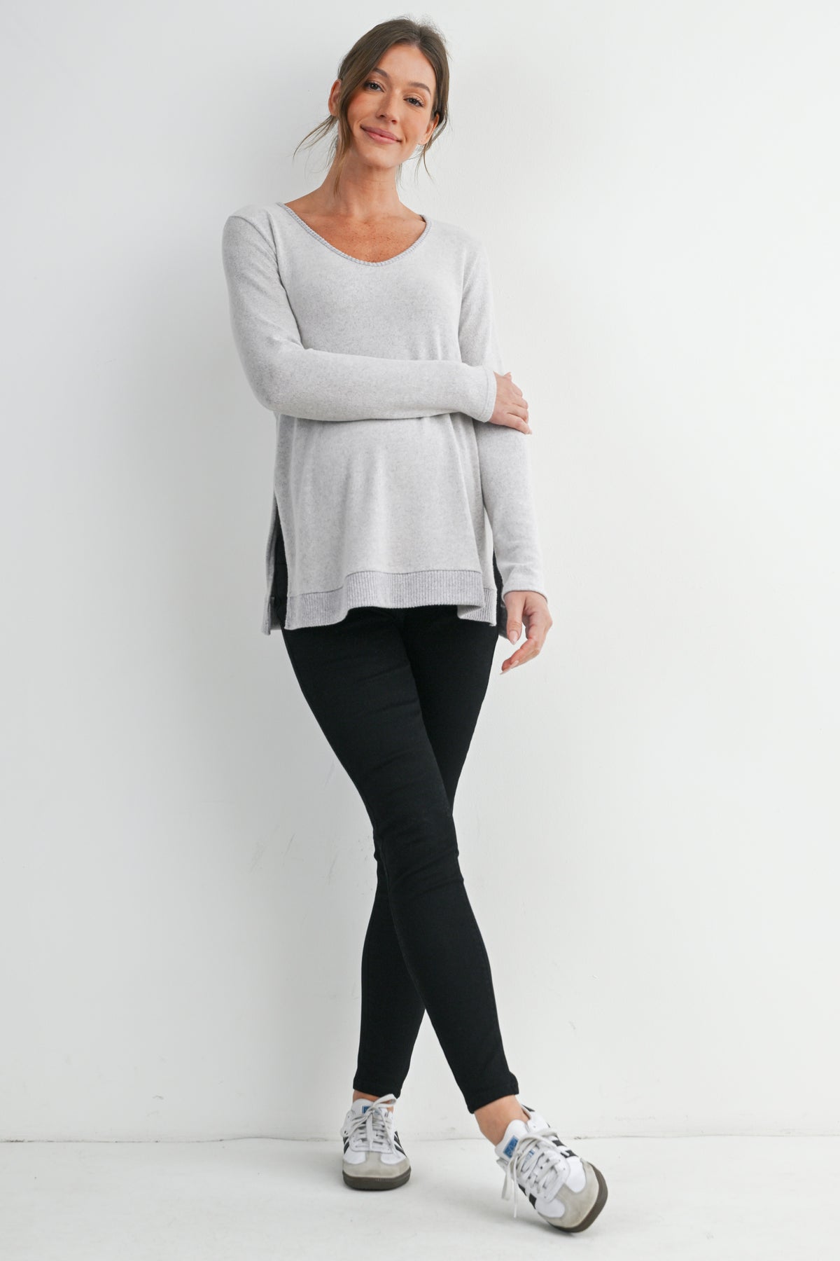Heather Grey Long Sleeve Scoop Neck Maternity Sweater Knit Top Full Body