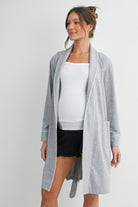Heather grey maternity robe with open front, contrast piping and side pockets