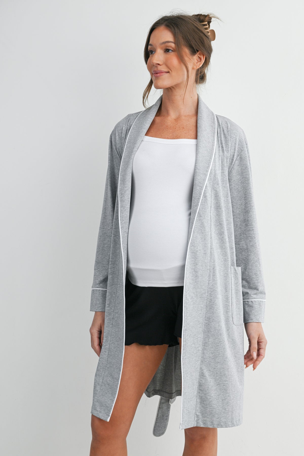 Heather grey maternity robe with open front, contrast piping and side pockets