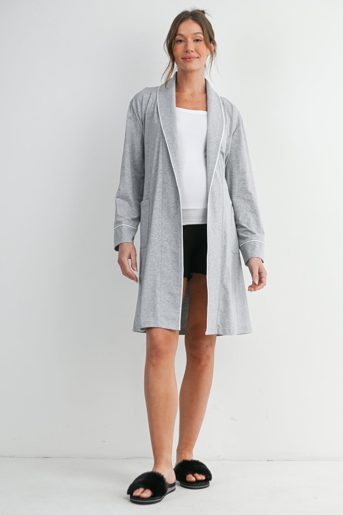 Heather Grey Full Body maternity robe for pregnancy and postpartum with tie waist and pockets