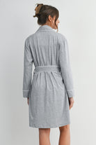 Back view of Hello Miz maternity long sleeve robe with adjustable tie belt