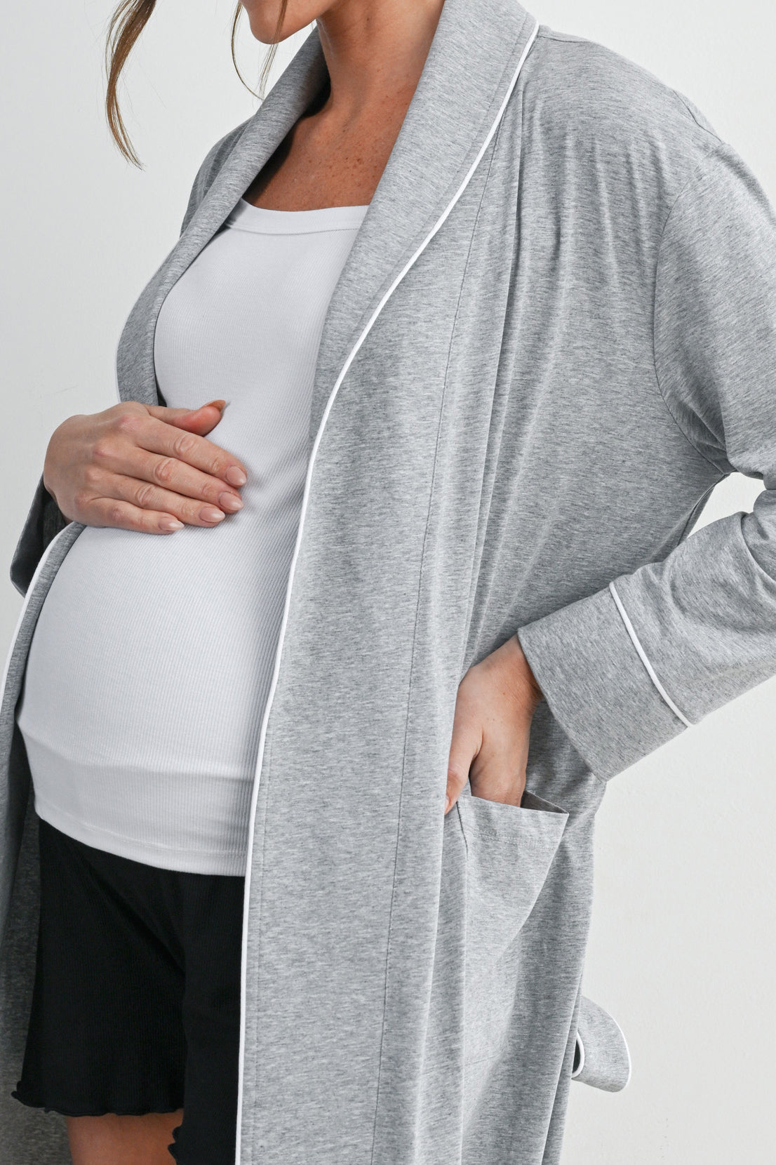 Heather Grey maternity robe with long sleeves, pockets and removable tie belt