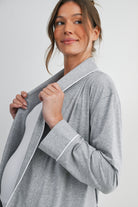 Heather grey pregnancy robe with contrast piping and relaxed fit