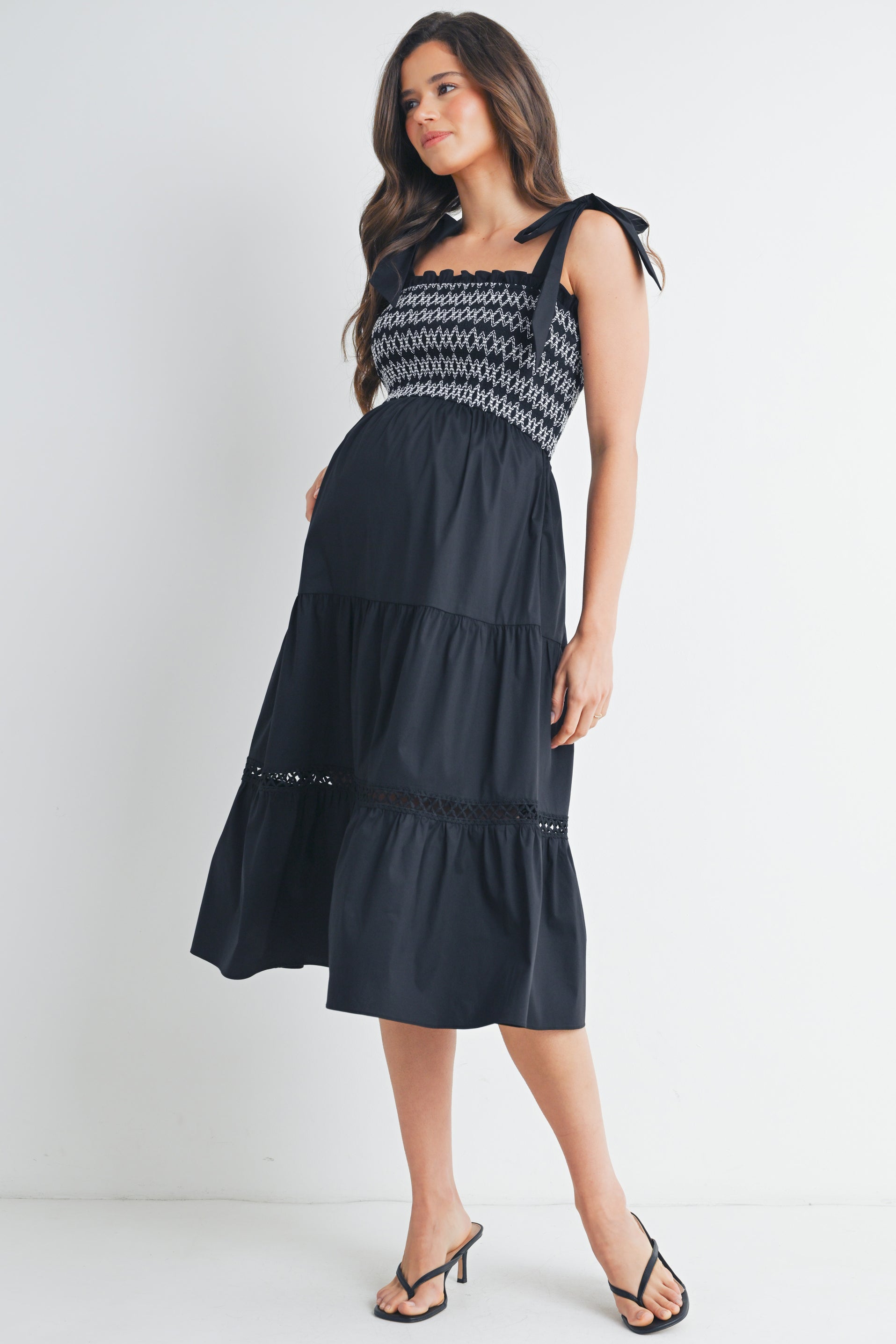 Tie Strap Smocked Ruffle Maternity Dress Black / SMALL Tie Strap Smocked Ruffle Maternity Dress Black / SMALL