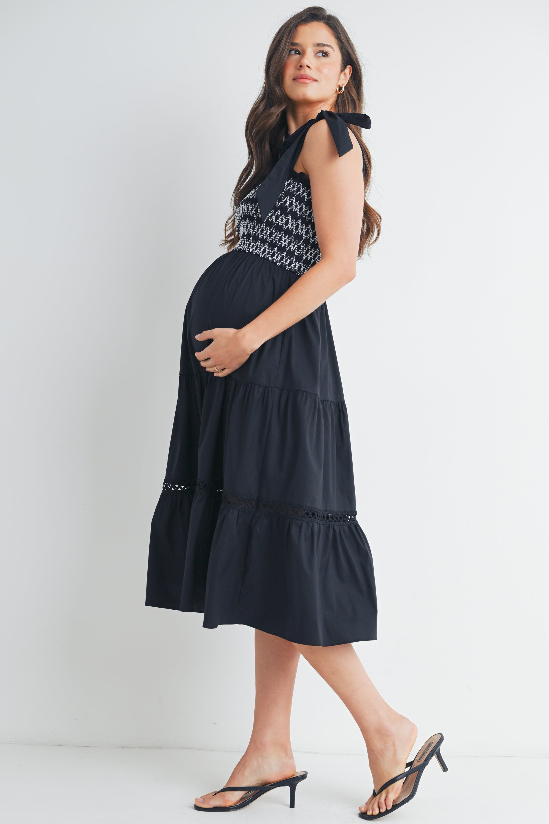 Tie Strap Smocked Ruffle Maternity Dress Black / SMALL Tie Strap Smocked Ruffle Maternity Dress Black / SMALL