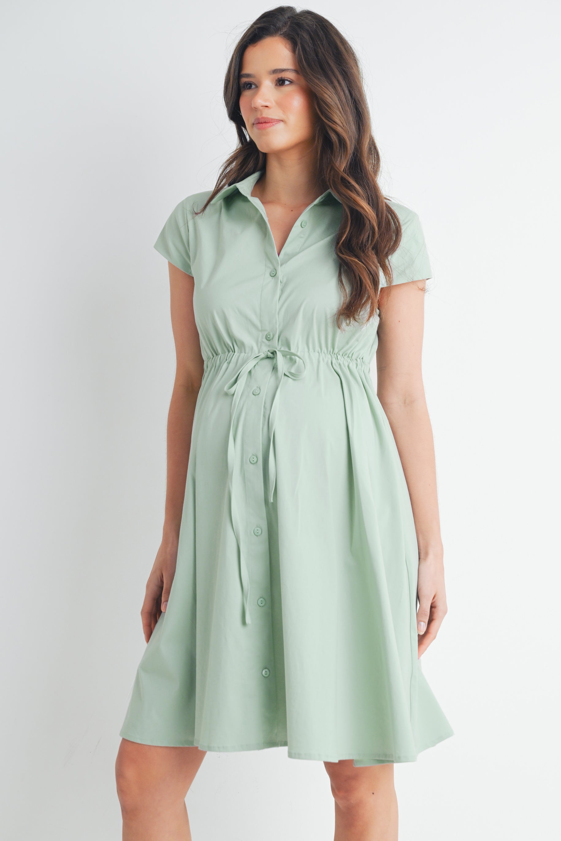 Short Sleeve Button Front Belted Maternity Dress SAGE / X-LARGE Short Sleeve Button Front Belted Maternity Dress SAGE / X-LARGE