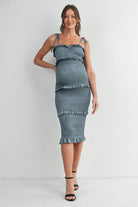 Teal Bodycon Smoked Ruffle Tie Straps Maternity Midi Dress Front View