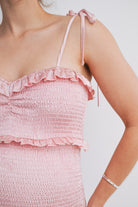 Peach Bodycon Smoked Ruffle Tie Straps Maternity Midi Dress Close Up Detail