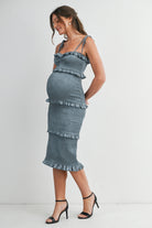 Teal Bodycon Smoked Ruffle Tie Straps Maternity Midi Dress Side View
